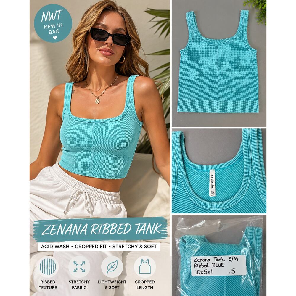 Zenana Aqua Acid Wash Ribbed Cropped Tank Top S/M Boutique